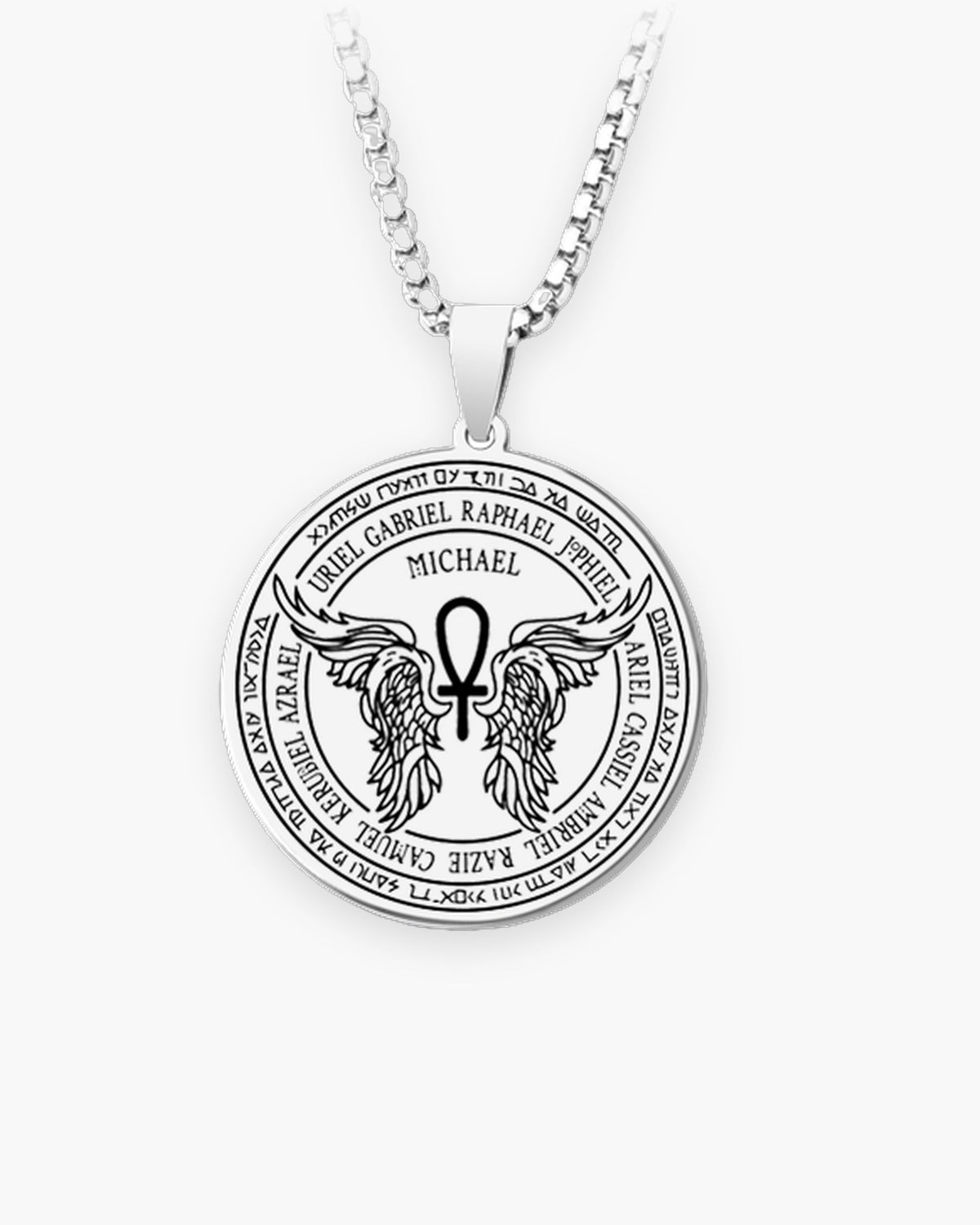 Atlas Archangel Michael ankh pendant necklace feathered wings design in silver-tone stainless steel [c:silverankhwithheartandwings]