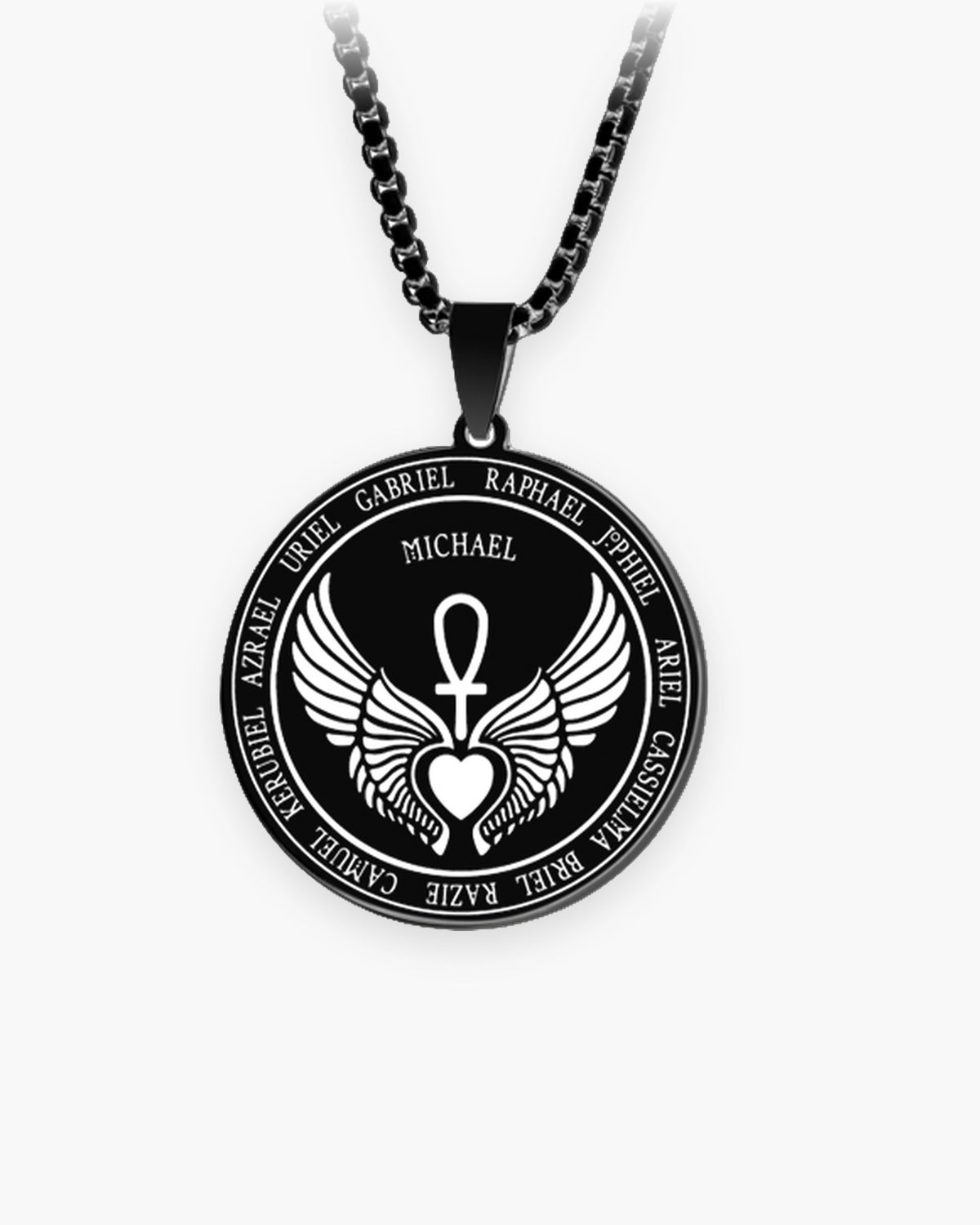 Atlas Archangel Michael ankh pendant necklace heart design in black stainless steel [c:blackankhwithwings]