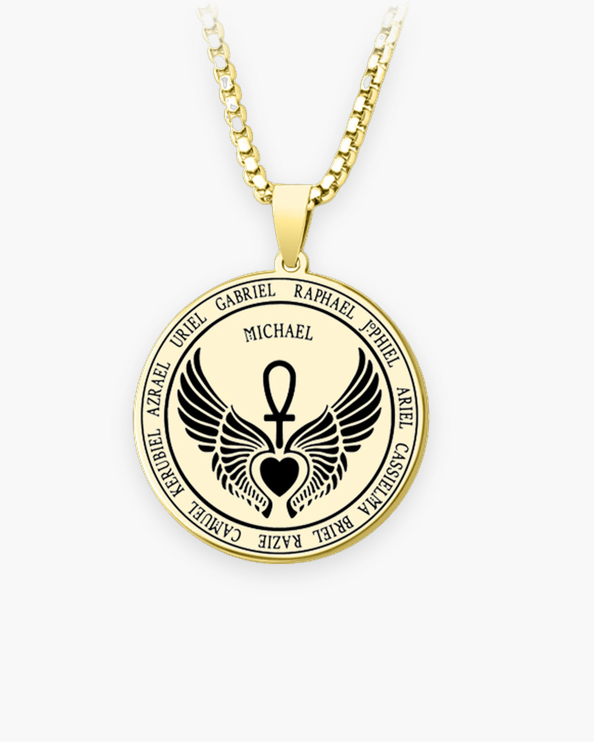 Atlas Archangel Michael ankh pendant necklace heart design in gold-tone stainless steel [c:goldankhwithwings]