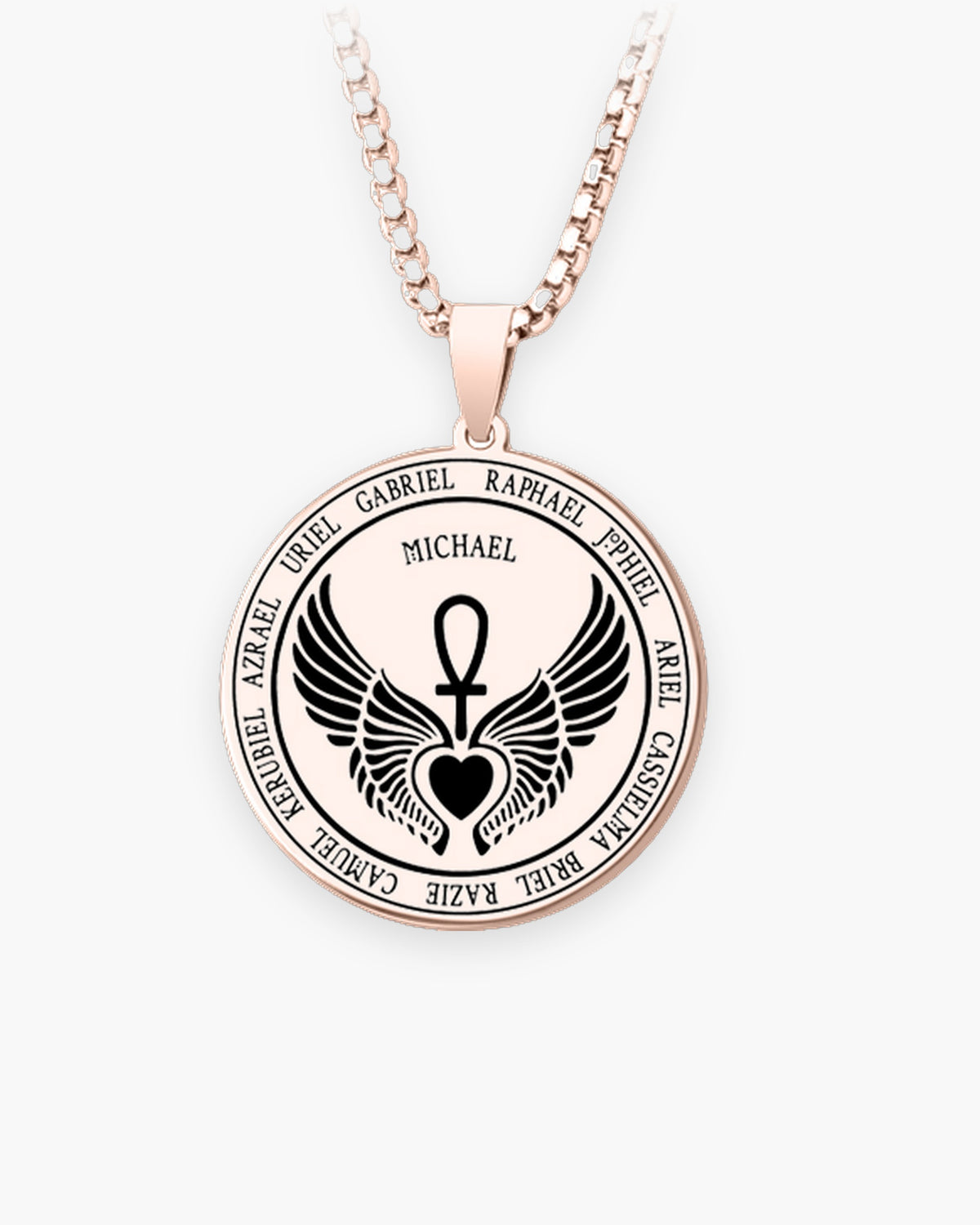 Atlas Archangel Michael ankh pendant necklace heart design in rose gold-tone stainless steel [c:rosegoldankhwithwings]