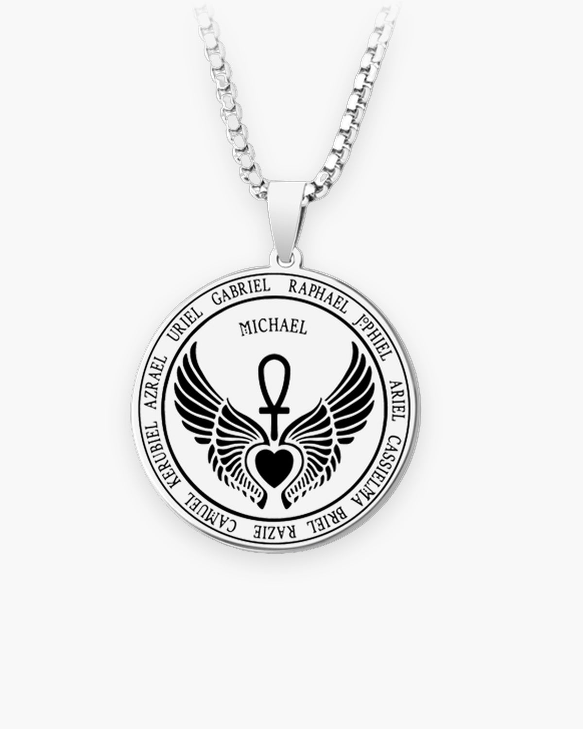 Atlas Archangel Michael ankh pendant necklace heart design in silver-tone stainless steel [c:silverankhwithwings]