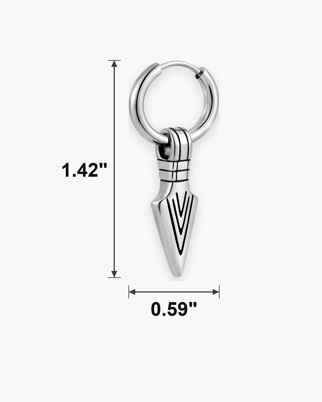 Atlas arrowhead dangle hoop earring dimensions 0.59 x 1.42 inches [u:in]