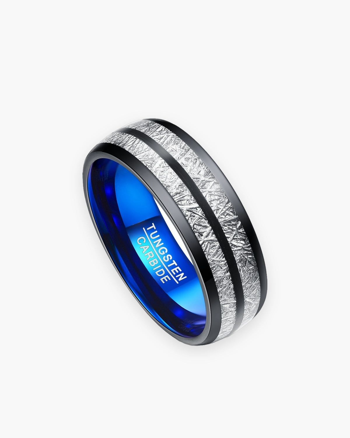 Atlas 8 mm black tungsten carbide ring with silver-tone inlay and blue interior [c:black]