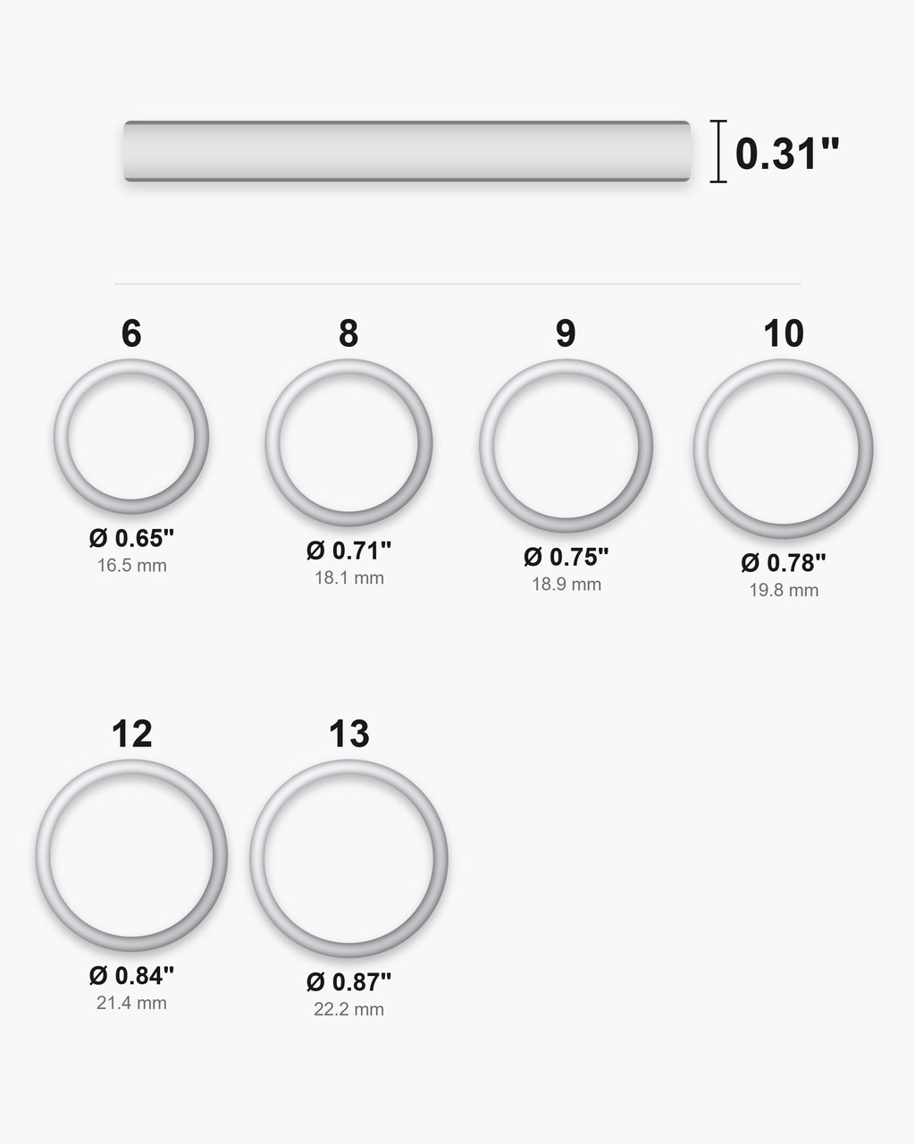 Atlas ring sizes US 6 to 13 with inner diameters and the 0.31 inch band width [u:in]