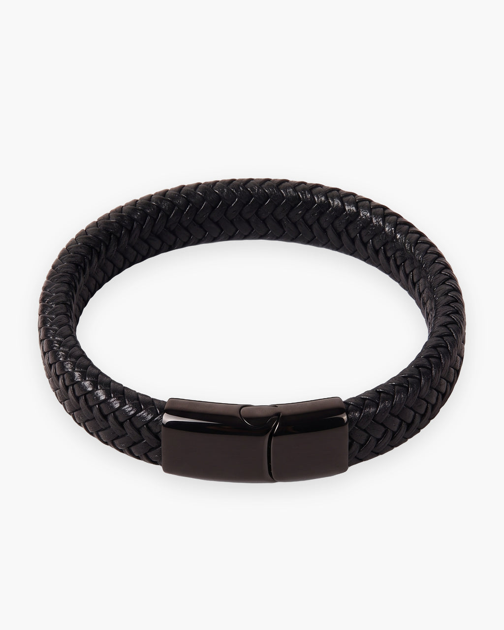 Atlas black braided leather magnetic bracelet in black leather and steel [c:black]