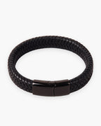 Atlas black braided leather magnetic bracelet in black leather and steel [c:black]