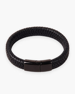 Atlas black braided leather magnetic bracelet in black leather and steel [c:black]