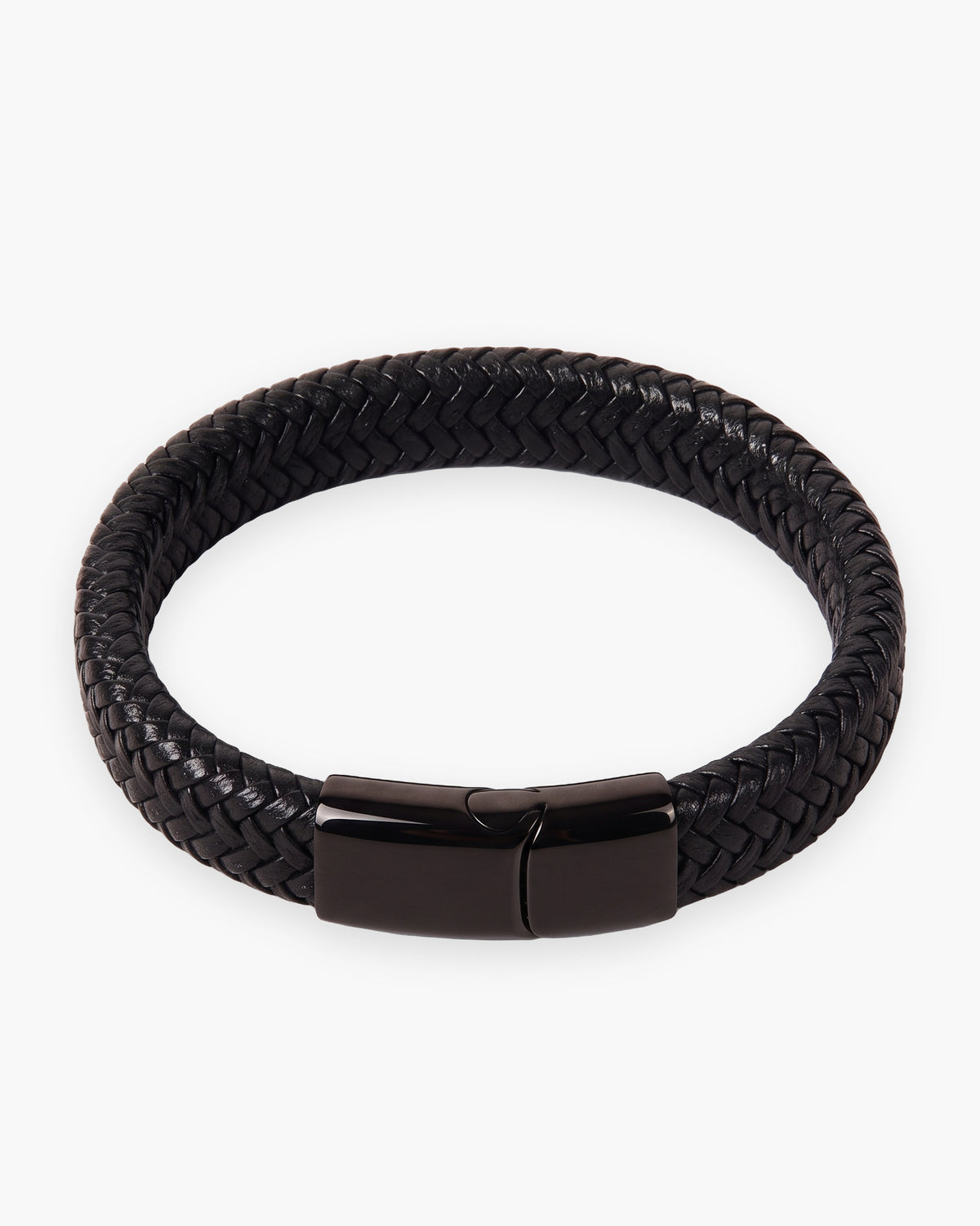 Atlas black braided leather magnetic bracelet in black leather and steel [c:black]