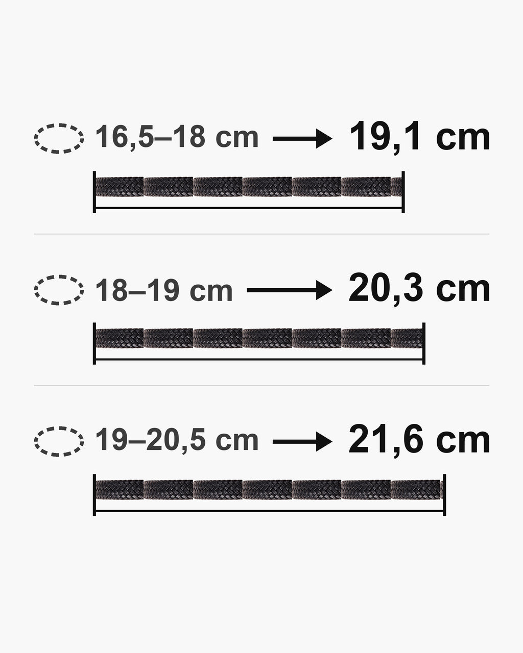 Bracelet length guide: wrist 16.5-18 cm fits the 19.1 cm bracelet; wrist 18-19 cm fits the 20.3 cm bracelet; wrist 19-20.5 cm fits the 21.6 cm bracelet [u:mm]