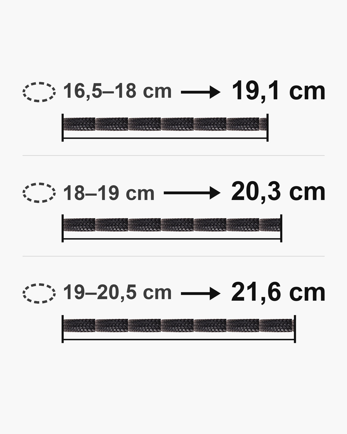 Bracelet length guide: wrist 16.5-18 cm fits the 19.1 cm bracelet; wrist 18-19 cm fits the 20.3 cm bracelet; wrist 19-20.5 cm fits the 21.6 cm bracelet [u:mm]
