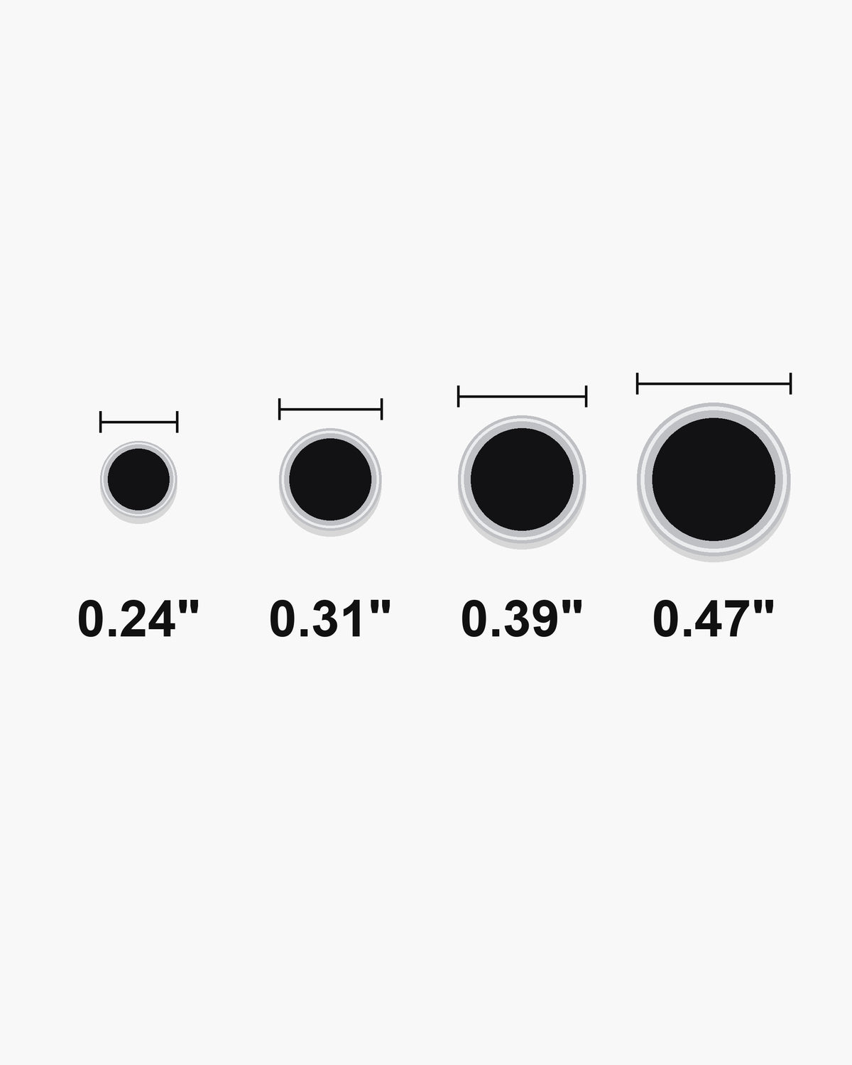Atlas Black Disc Stud Earrings stud diameters 0.24 to 0.47 inch at true scale [u:in]