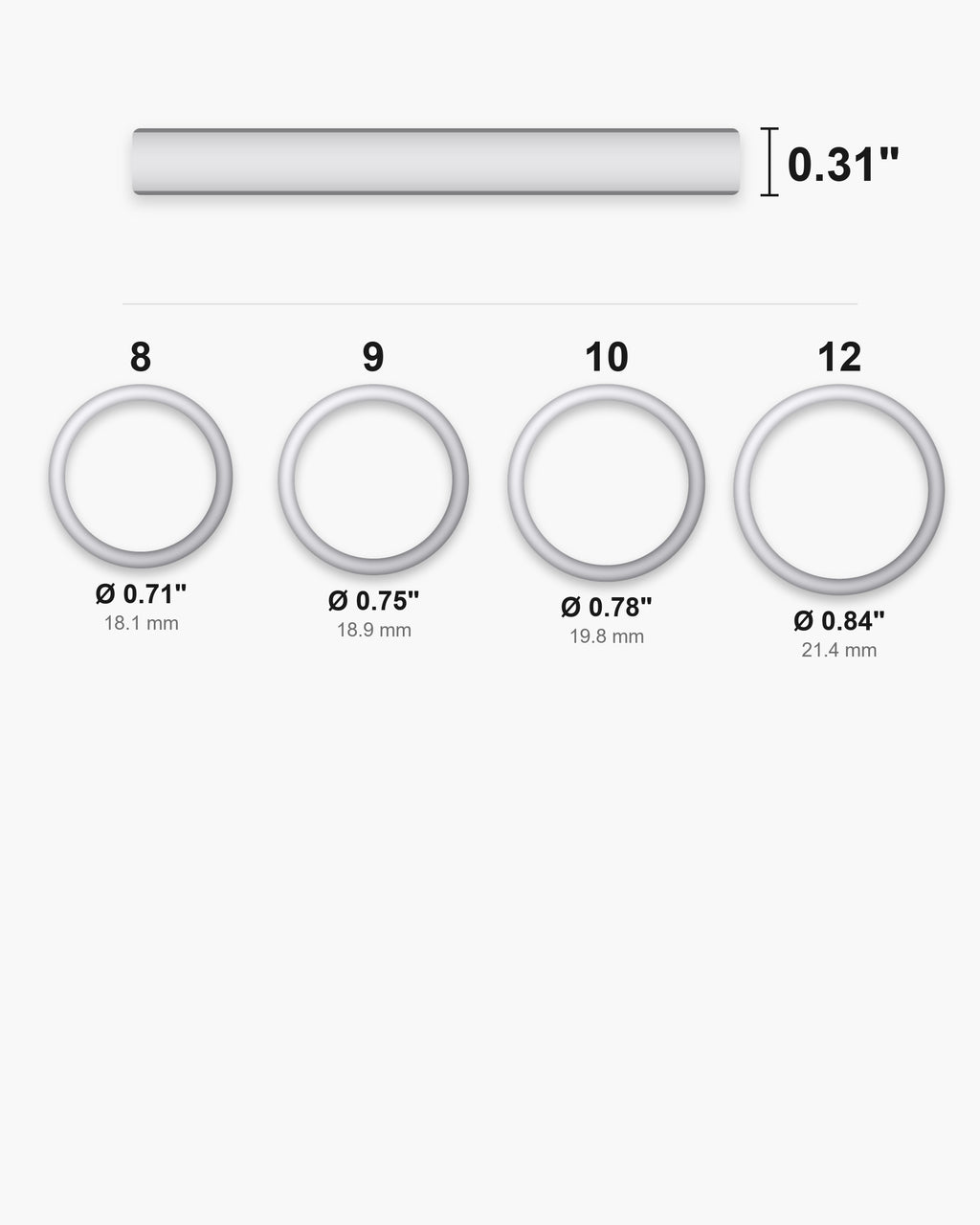 Atlas ring sizes 8 to 12 with inner diameters from 0.71 to 0.84 inch and the 0.31 inch band width [u:in]