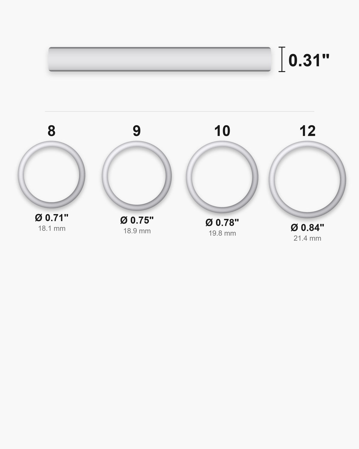 Atlas ring sizes 8 to 12 with inner diameters from 0.71 to 0.84 inch and the 0.31 inch band width [u:in]