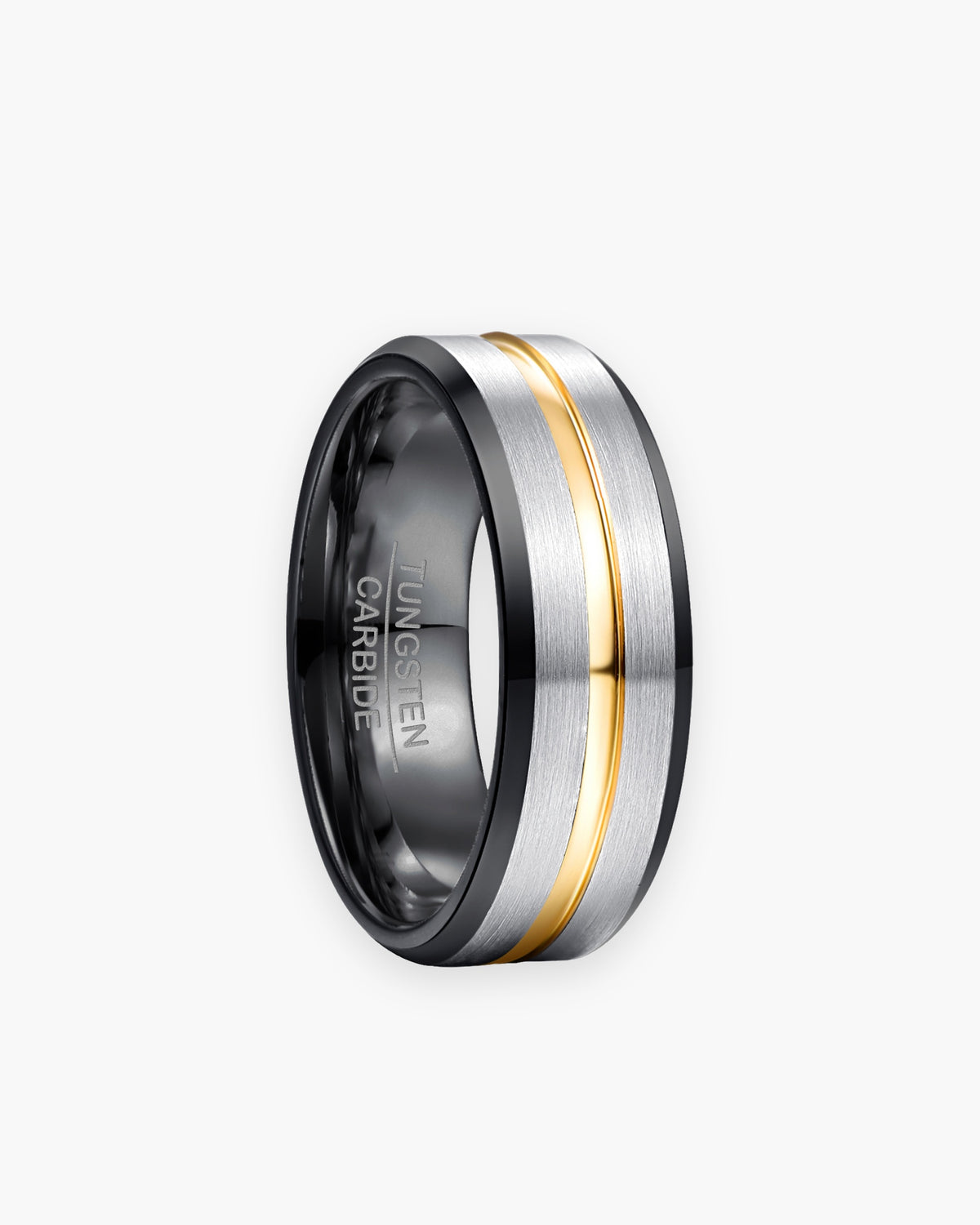 Atlas tungsten carbide ring with brushed face, black stepped edges and gold-tone inlay, 8 mm wide [c:black]