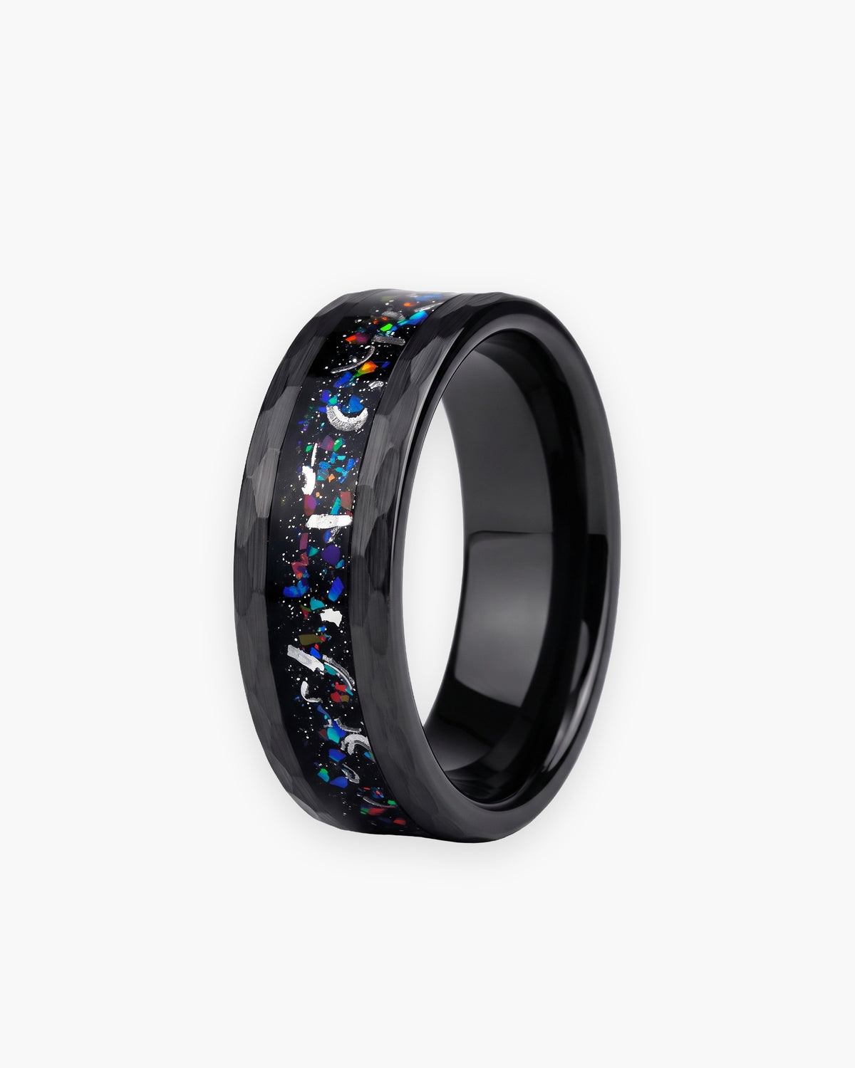 Atlas black hammered crushed opal ring in black tungsten carbide [c:black]