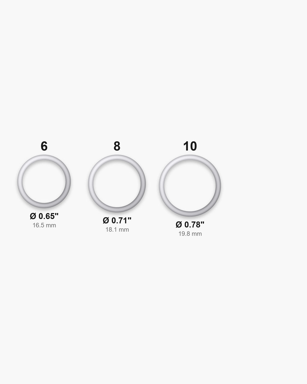 Atlas ring sizes 6 to 10 with inner diameters from 0.65 to 0.78 inch [u:in]