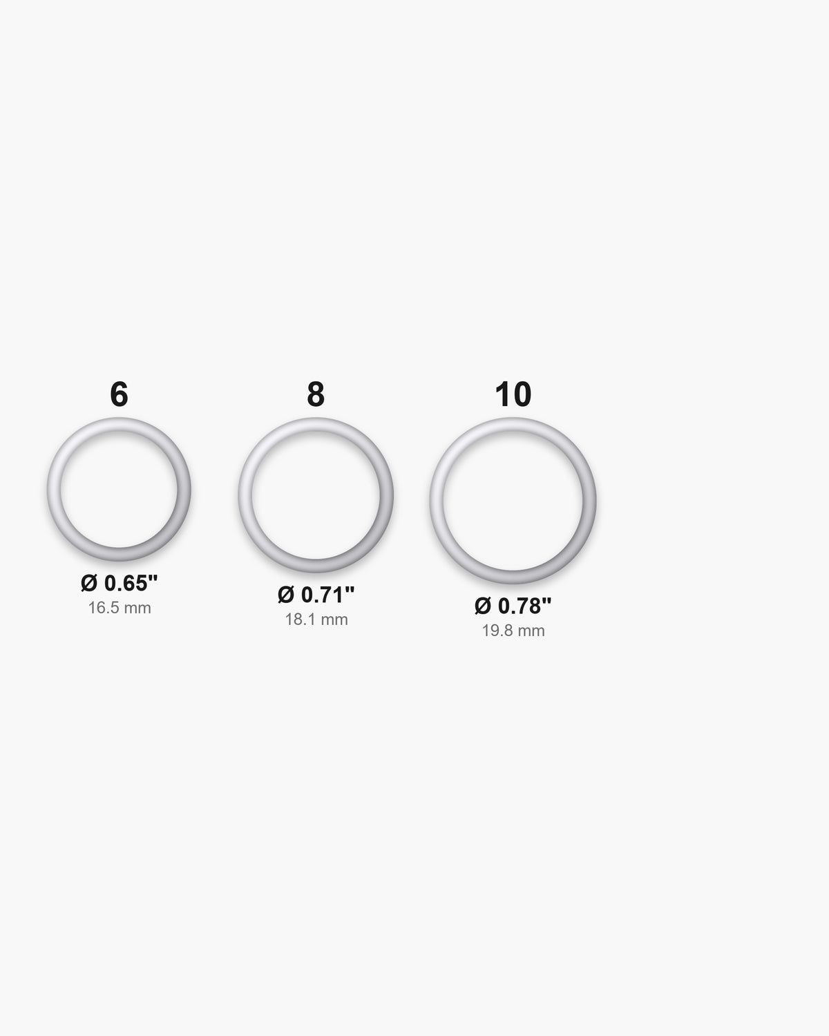 Atlas ring sizes 6 to 10 with inner diameters from 0.65 to 0.78 inch [u:in]