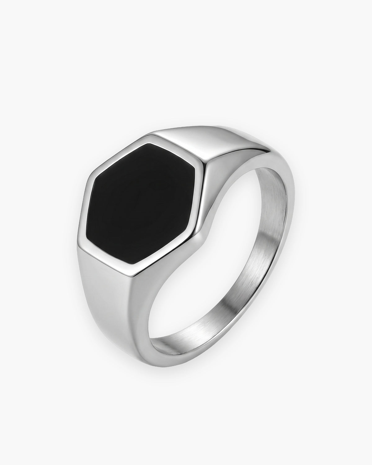 Atlas black hexagon signet ring in silver titanium steel [c:silver]