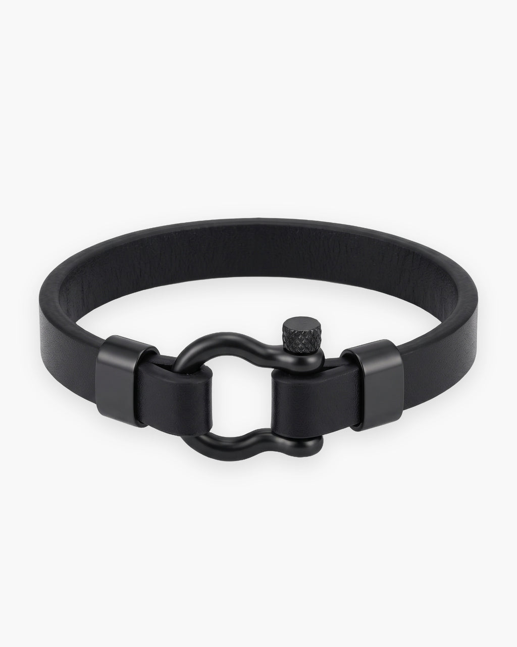 Atlas black leather shackle bracelet in black leather and steel [c:black]