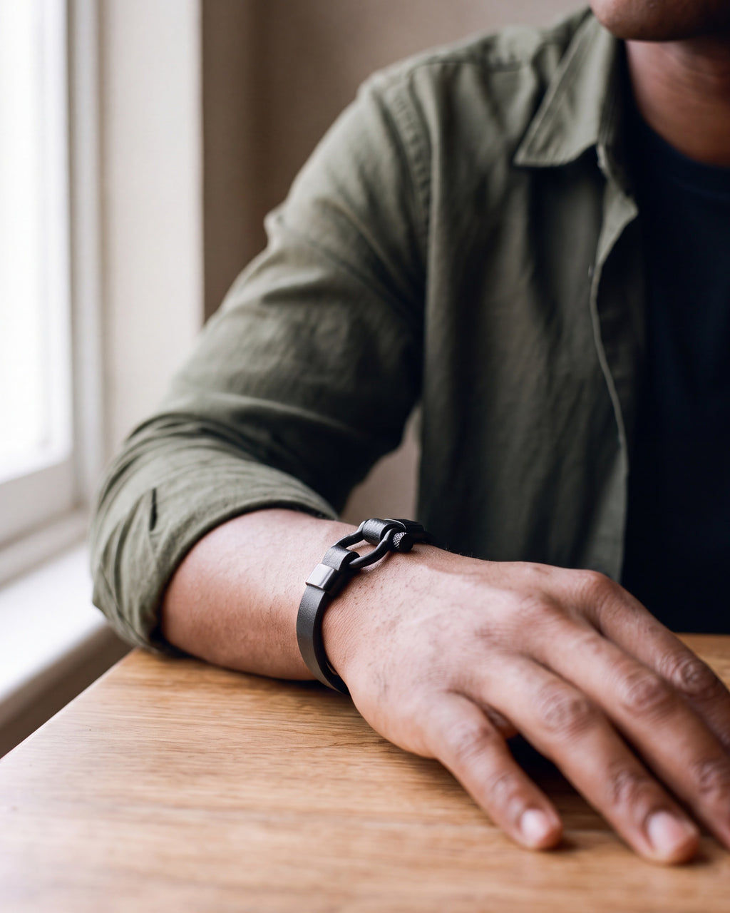 Close-up of the Atlas black leather bracelet and its steel shackle on a man's wrist