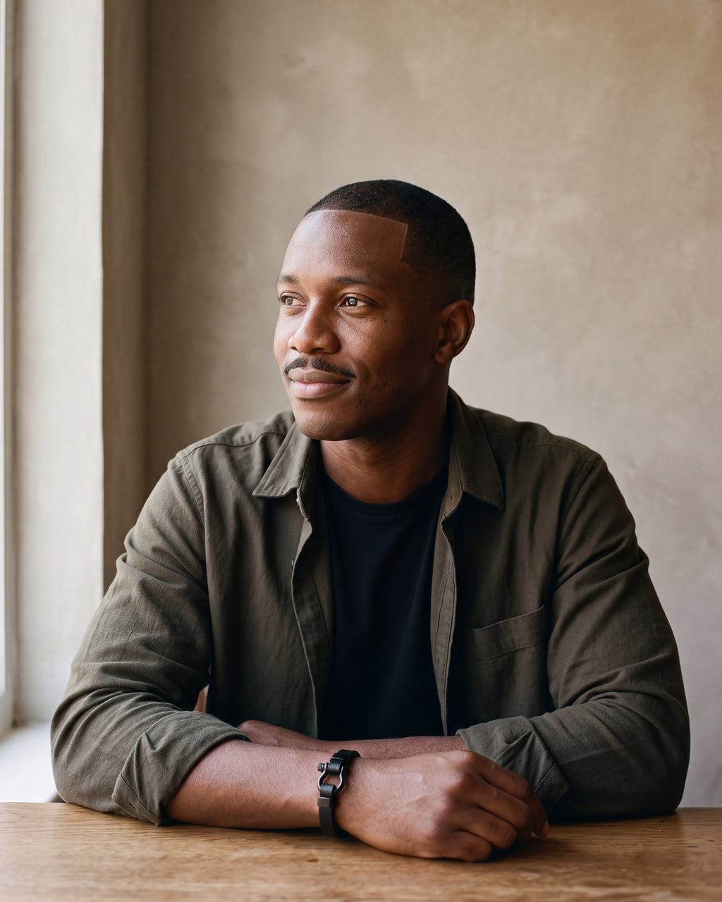 Man in an olive overshirt seated at a wooden table, wearing the Atlas black leather shackle bracelet