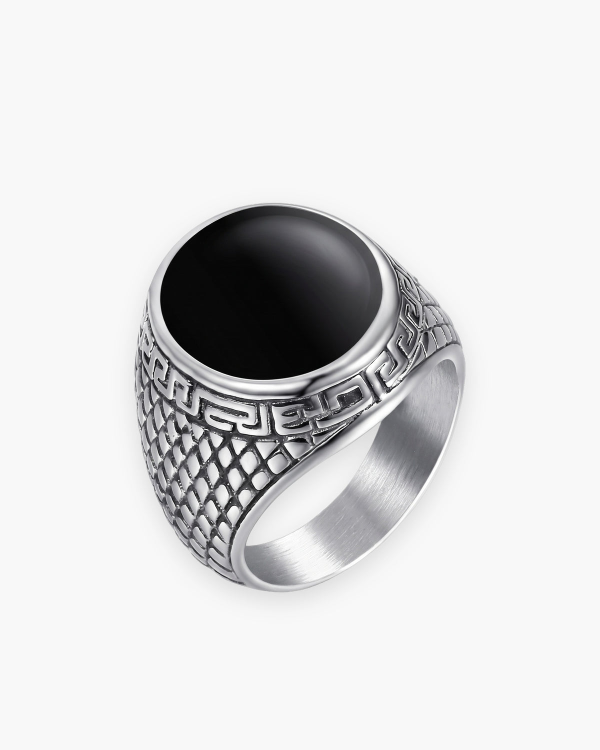 Atlas black oval signet ring in antique silver-tone stainless steel [c:silver]