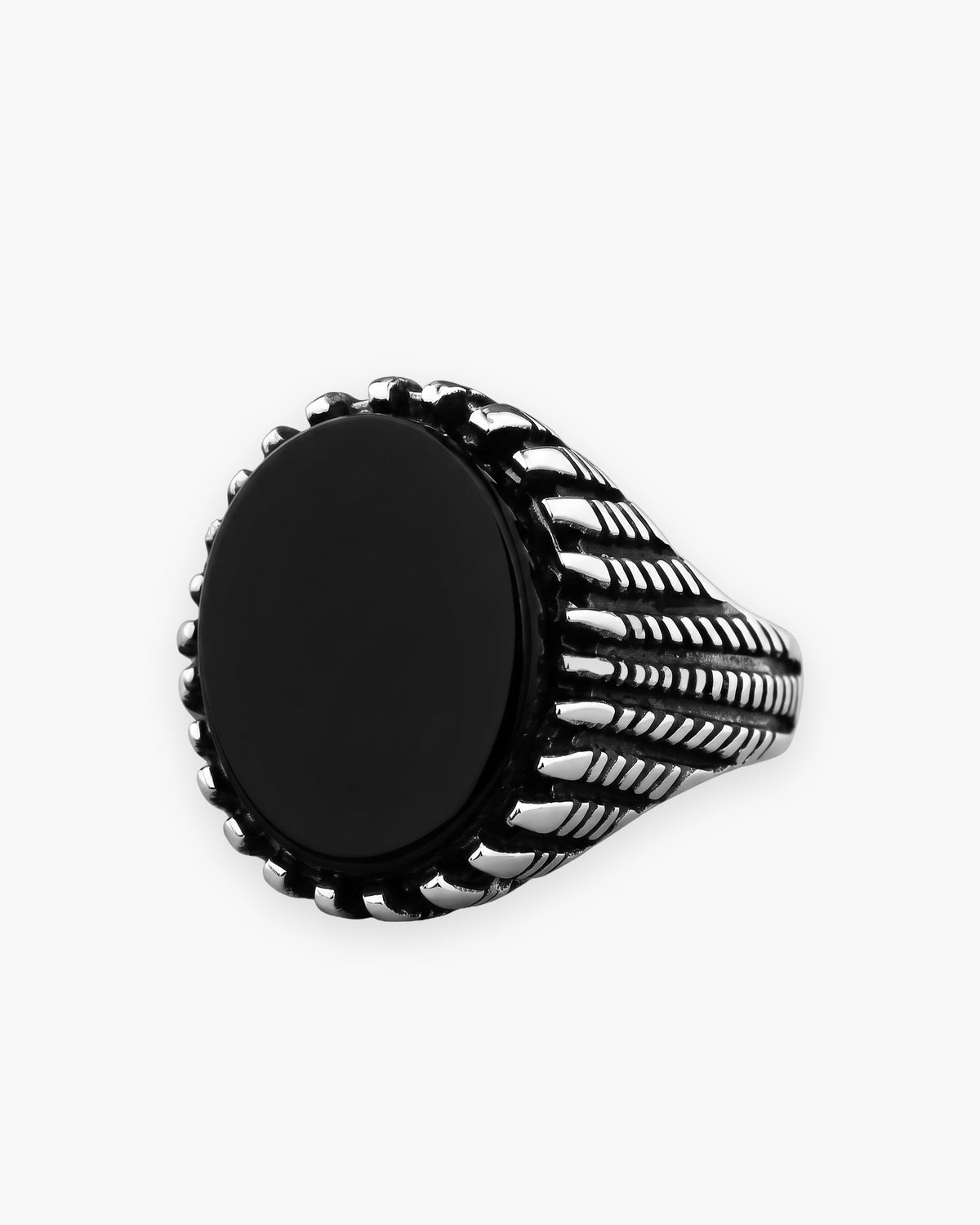 Atlas black stone signet ring in antique silver stainless steel [c:silver]