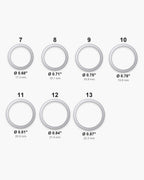 Atlas ring sizes 7 to 13 with inner diameters from 0.68 to 0.87 inch [u:in]