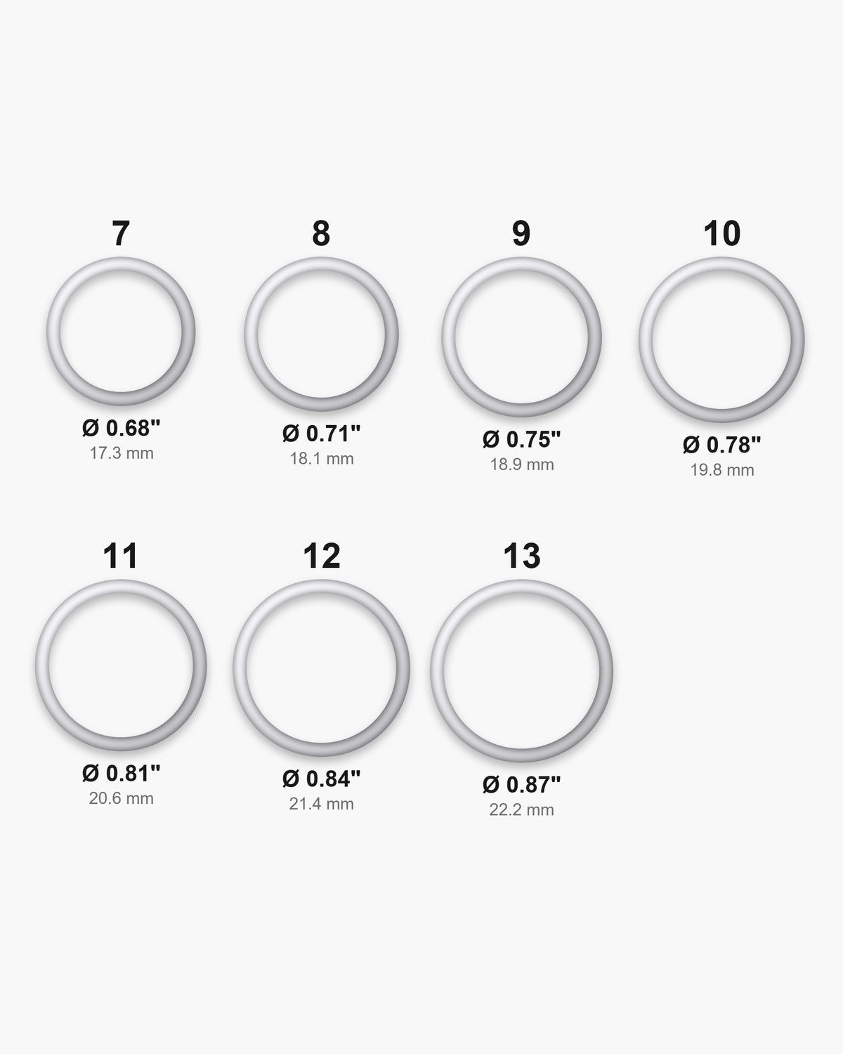 Atlas ring sizes 7 to 13 with inner diameters from 0.68 to 0.87 inch [u:in]