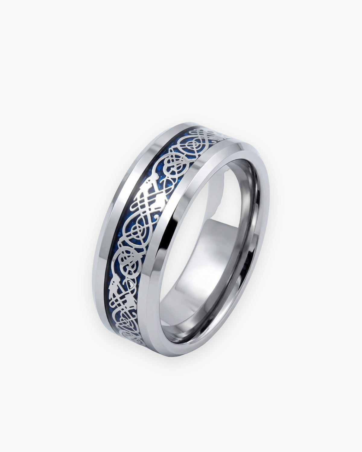 Atlas blue Celtic knot tungsten ring in silver-tone and blue tungsten carbide [c:silver]
