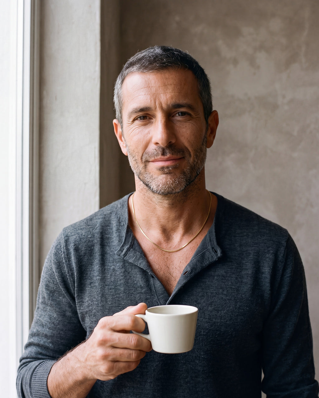 Second man in a fine-gauge charcoal-grey merino knit with a henley neckline wearing the gold-tone Atlas box chain with extender