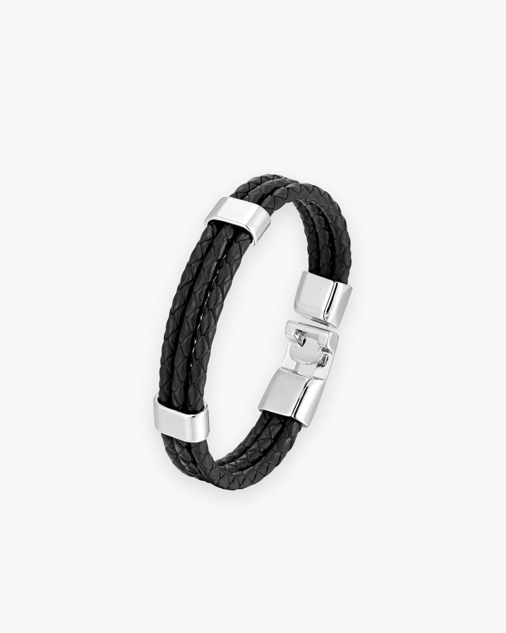 Atlas braided leather magnetic bracelet in black leather and silver-tone leather and steel [c:blacksilver]