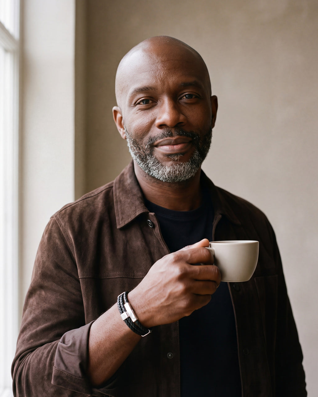 Man in a brown suede overshirt holding a coffee cup, wearing the Atlas braided leather magnetic bracelet