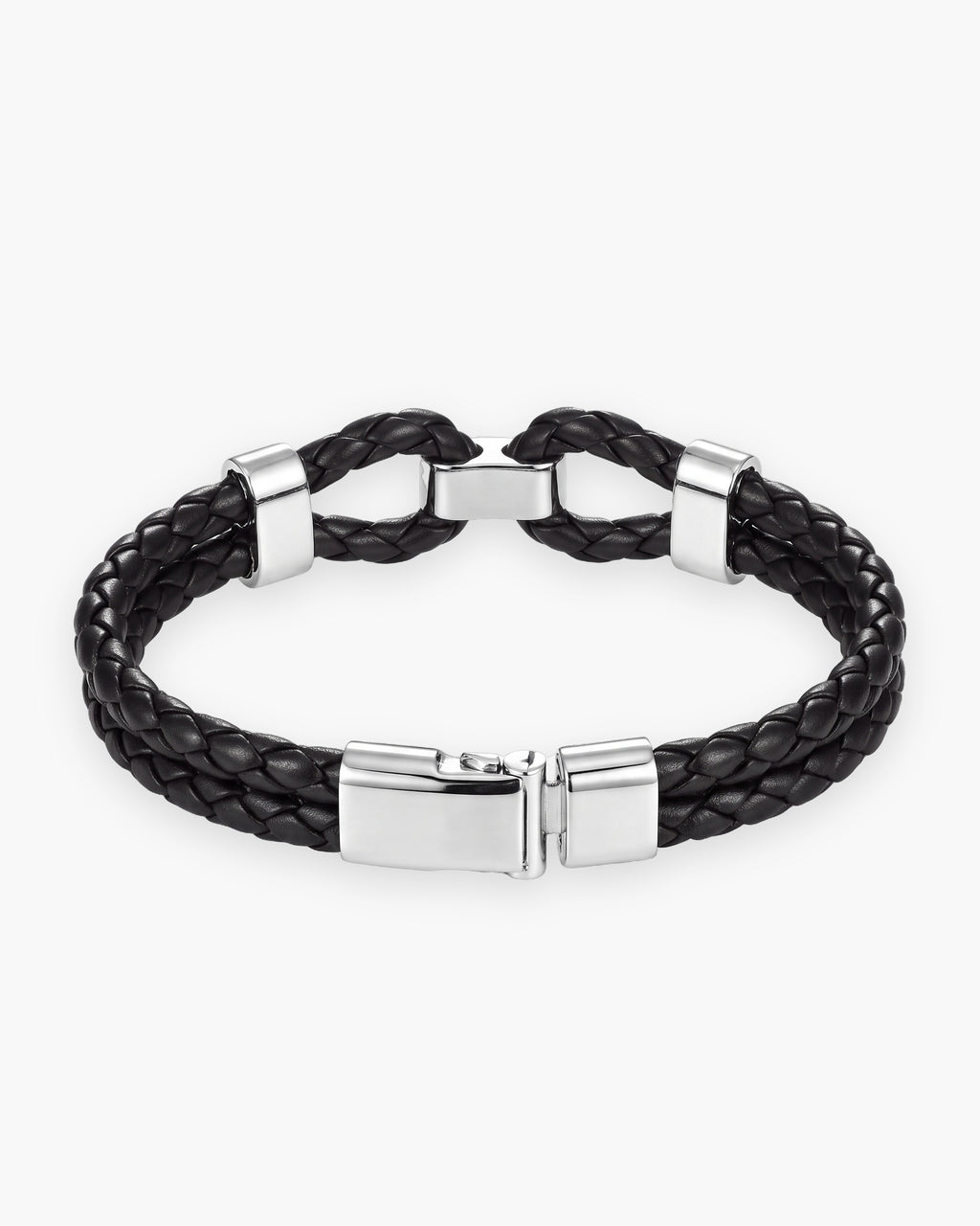 Atlas braided leather shackle bracelet in black and silver-tone leather and steel [c:blacksilver]