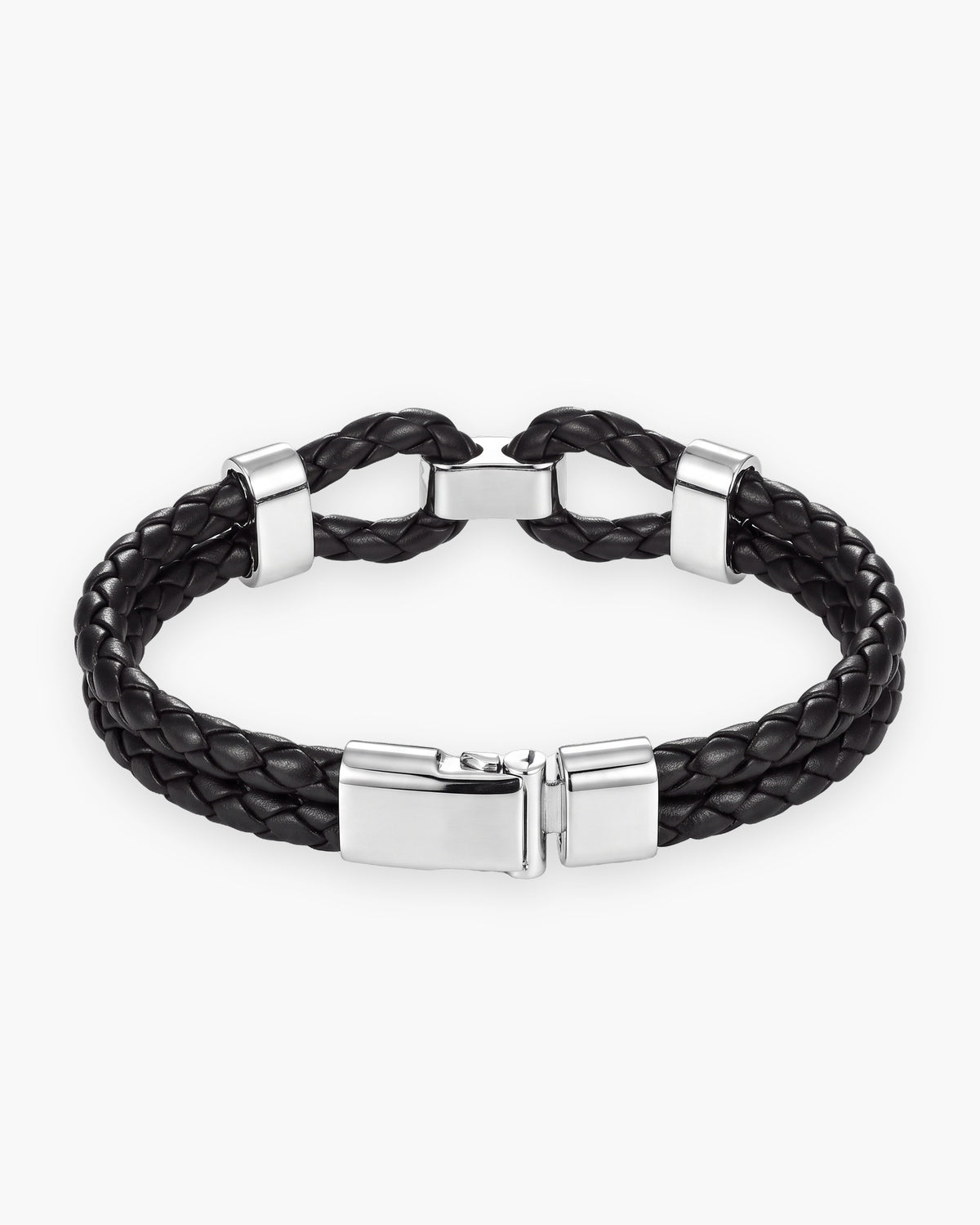 Atlas braided leather shackle bracelet in black and silver-tone leather and steel [c:blacksilver]