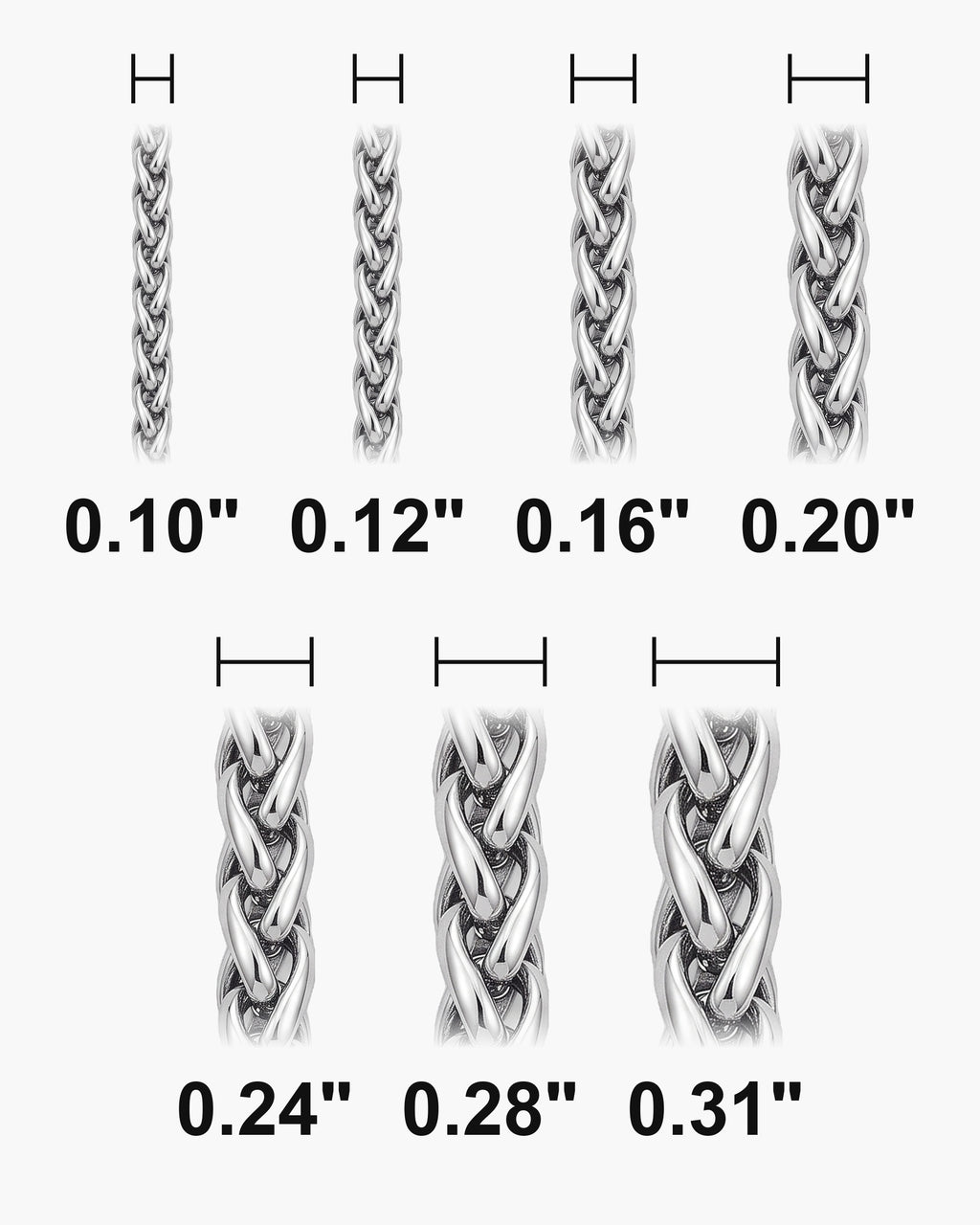 Atlas braided wheat chain widths 0.10 to 0.31 inch at true scale [u:in]