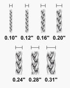 Atlas braided wheat chain widths 0.10 to 0.31 inch at true scale [u:in]