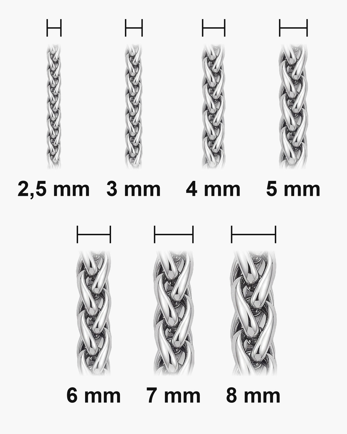 Atlas braided wheat chain widths 2.5 to 8 mm at true scale [u:mm]