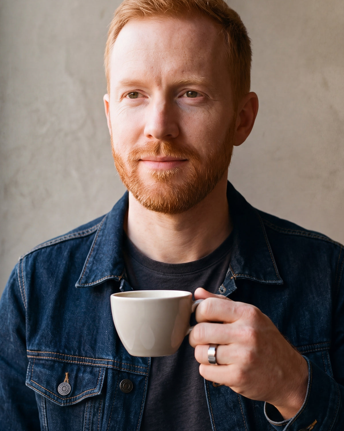 Man in a denim jacket holding a coffee cup, wearing the silver Atlas brushed beveled band ring