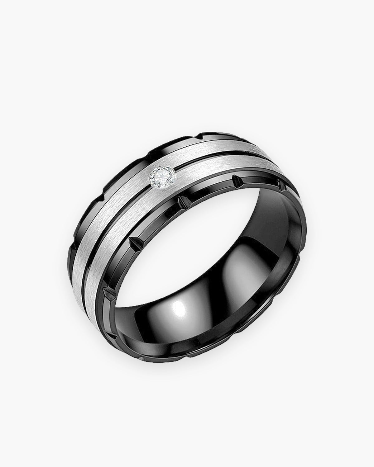 Atlas brushed cubic zirconia band ring in black and silver stainless steel [c:blacksilver]