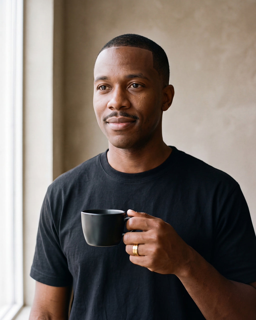 Man in a black T-shirt holding a coffee cup, wearing the gold-tone Atlas double groove ring