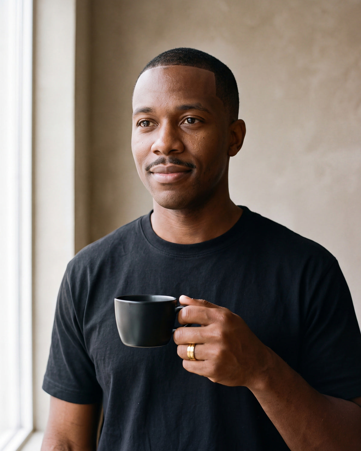 Man in a black T-shirt holding a coffee cup, wearing the gold-tone Atlas double groove ring