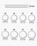 Atlas ring sizes EU 52 to 70 (US 6 to 13) with inner diameters from 16.5 to 22.2 mm [u:mm]