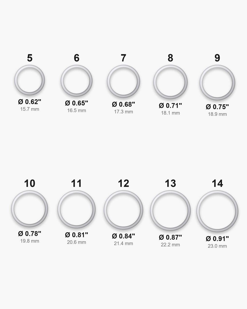Atlas ring sizes 5 to 14 with inner diameters from 0.62 to 0.91 inch [u:in]
