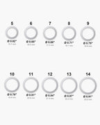 Atlas ring sizes 5 to 14 with inner diameters from 0.62 to 0.91 inch [u:in]