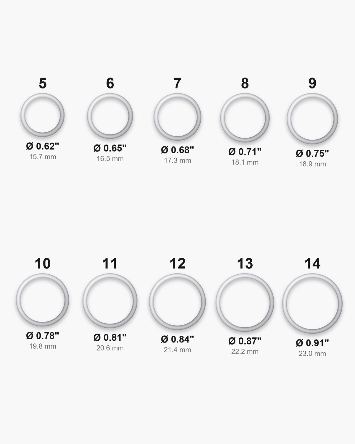 Atlas ring sizes 5 to 14 with inner diameters from 0.62 to 0.91 inch [u:in]