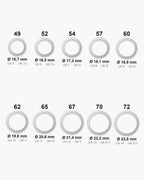 Atlas ring sizes EU 49 to 72 (US 5 to 14) with inner diameters from 15.7 to 23.0 mm [u:mm]