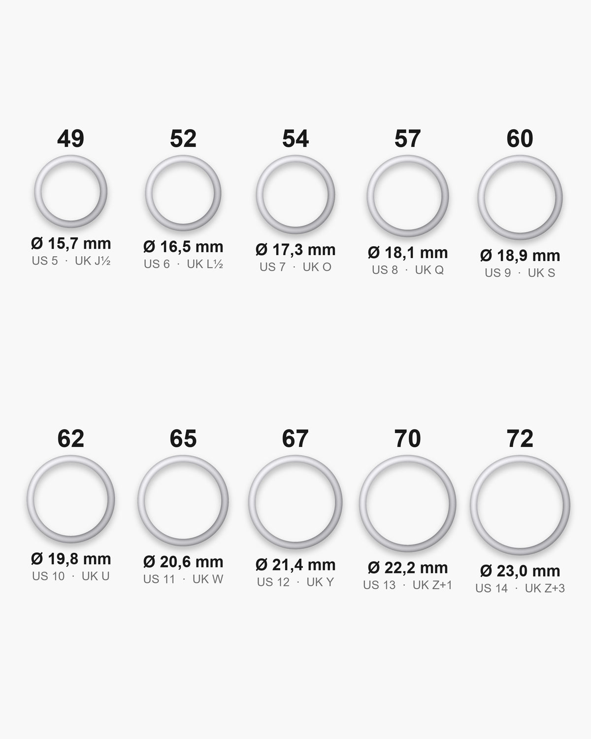 Atlas ring sizes EU 49 to 72 (US 5 to 14) with inner diameters from 15.7 to 23.0 mm [u:mm]