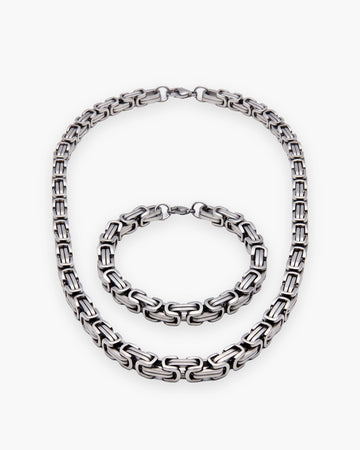 Parure homme chaîne et bracelet maille byzantine en acier inoxydable