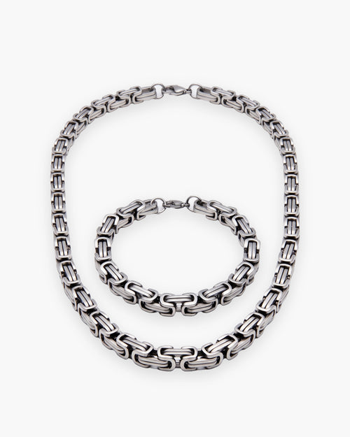 Parure homme chaîne et bracelet maille byzantine en acier inoxydable